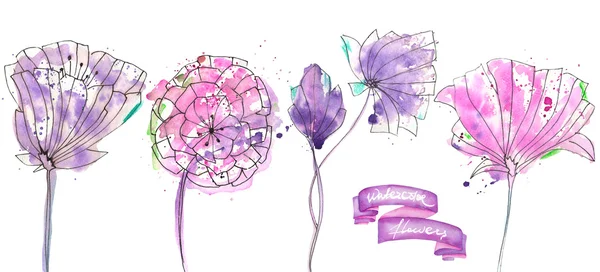 Collection, set with isolated watercolor pink and purple abstract flowers on a white background — Stock Photo, Image