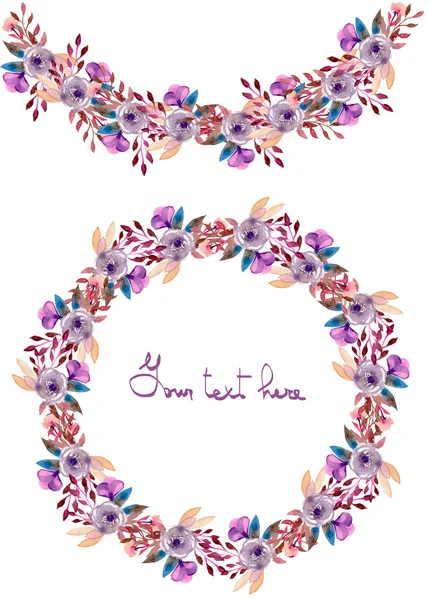 Frame border, garland and wreath of  purple flowers and branches with the violet leaves painted in watercolor  on a white background, greeting card, decoration postcard or invitation — Stock Photo, Image