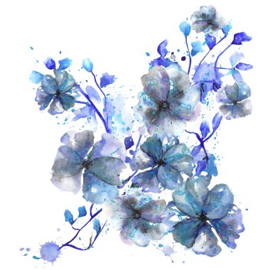 Koyu mavi çiçek ve yaprak suluboya şube