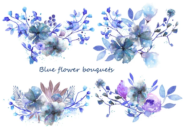 Набор акварельных букетов с голубыми цветами и листьями — стоковое фото