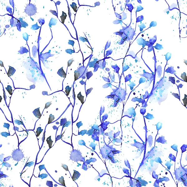 Seamless floral pattern with watercolor hand-drawn blue flowers on the branches with blue leaves painted with blots — Stock Photo, Image