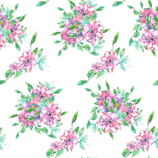 ピンクと紫の花の水彩画の花束と緑と青の枝と葉のパターン — ストック写真