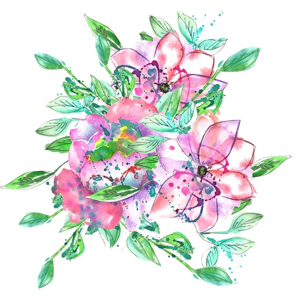 Buquê de aquarela com flores roxas e rosa e ramos e folhas verdes e azuis — Fotografia de Stock