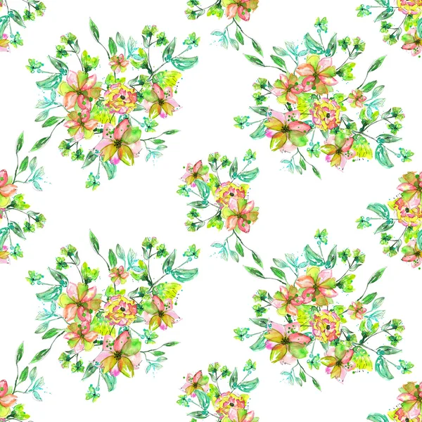 Seamless floral pattern with watercolor hand-draw yellow, pink and green flowers on the branches with green leaves — Stock Photo, Image