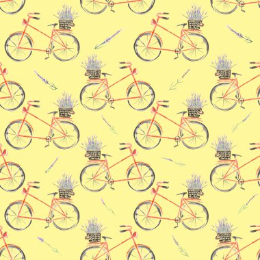 Suluboya kırmızı bisiklet seamless modeli ile lavanta çiçek sepeti