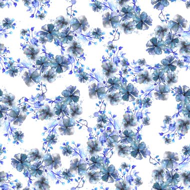 Desen suluboya mavi çiçekler, dalları ve yaprakları