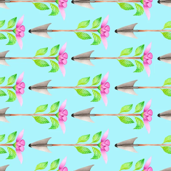 Seamless pattern of watercolor romantic arrows with the pink flower and green leaves — Stock Photo, Image