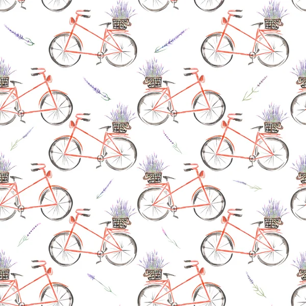 Seamless mönster av akvarell röd cykel med korg av lavendel blommor — Stockfoto