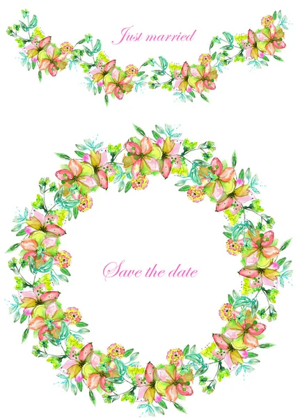 Frame border, garland and wreath of  yellow and tender pink flowers and branches with the green and blue leaves painted in watercolor  on a white background, greeting card, decoration postcard or invitation — Stock Photo, Image