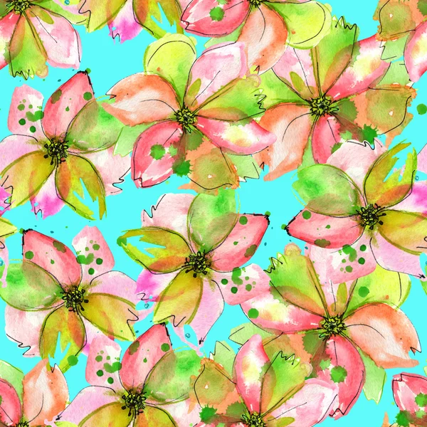 Μοτίβο με ακουαρέλα τρυφερό ροζ και πράσινο λουλούδια με λεκέδες — Φωτογραφία Αρχείου