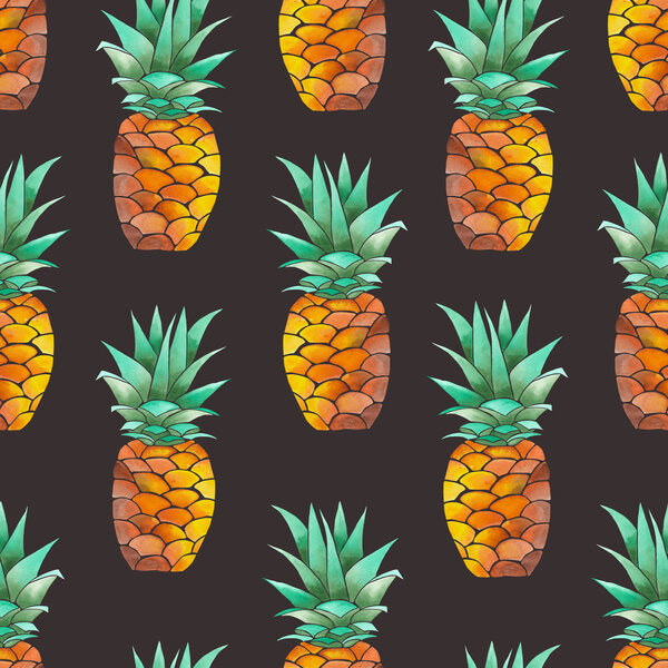 Pattern with yellow watercolor pineapples