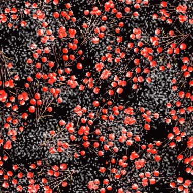 Seamless pattern with watercolor branches with the red berries under the snow