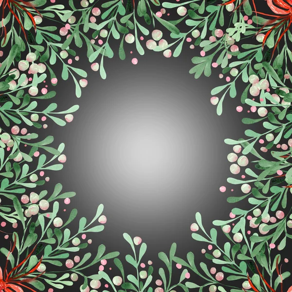 Siyah bir zemin üzerine suluboya ökseotu Noel çelenk (çerçeve) — Stok fotoğraf