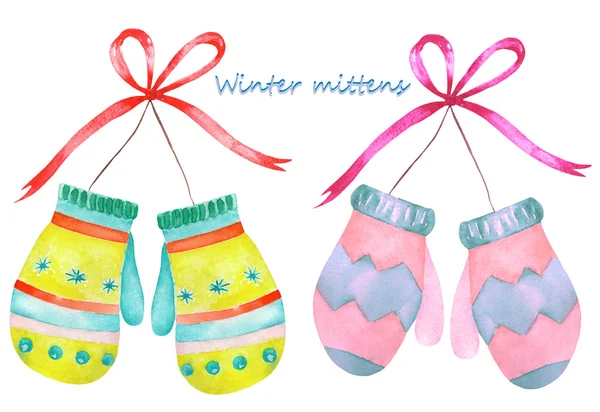 An illustration with the watercolor mittens on a white background — Stok fotoğraf