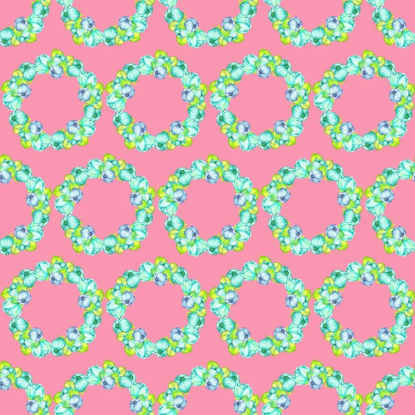 A floral pattern with the wreaths of turquoise and blue beautiful flowers painted in watercolor on a pink background — Stock Photo, Image