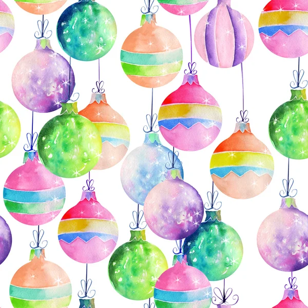 Pattern with watercolor colored Christmas decorations (balls) — Stock Photo, Image