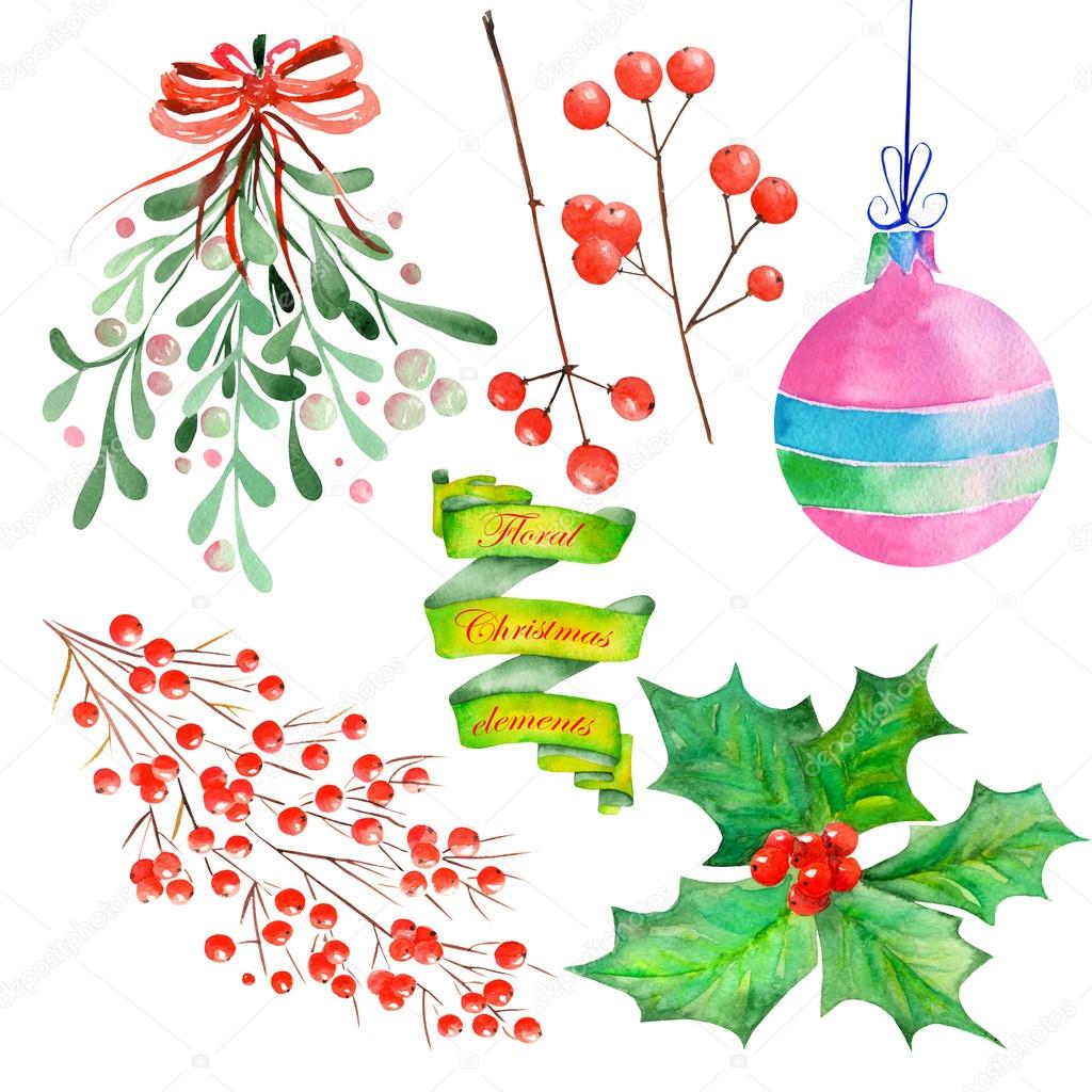 Collection (set) with watercolor floral Christmas elements of decoration