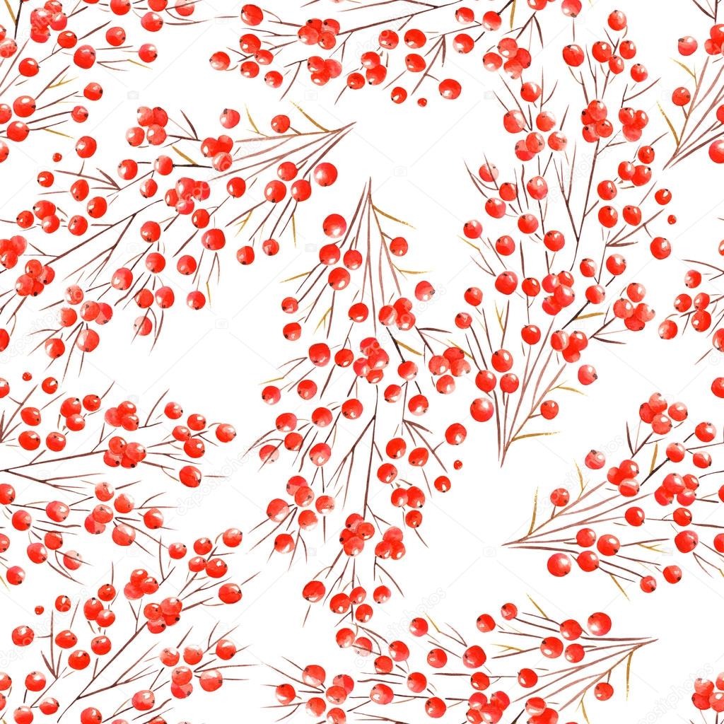 Pattern with watercolor branches with the red berries