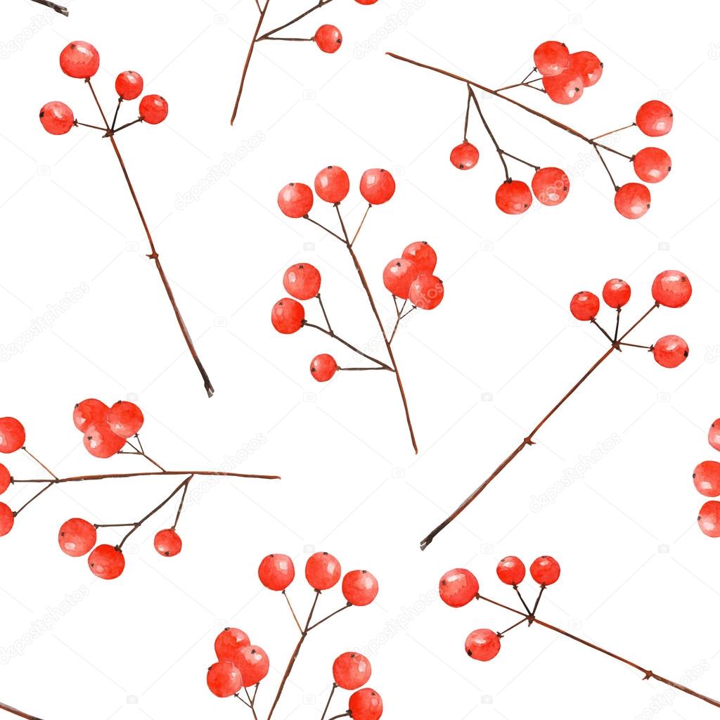 Pattern with watercolor branches with the red berries
