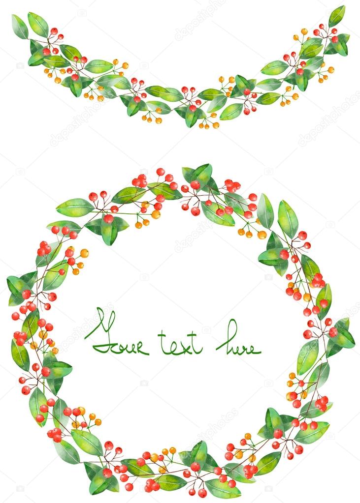 Christmas wreath (frame) and garland of watercolor branches with the red berries and green leaves