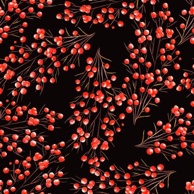 A pattern with watercolor branches with the red berries