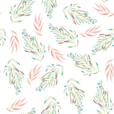 A floral pattern with the green, brown and pink watercolor plants, seaweeds