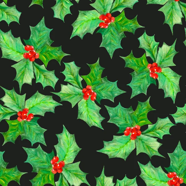 A pattern with watercolor branches with the red berries and green leaves (holly tree) — Φωτογραφία Αρχείου