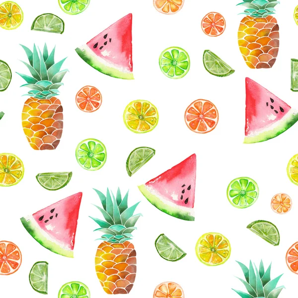 Een patroon met de gekleurde aquarel gekonfijte vruchten, ananas, kalk en watermeloen — Stockfoto