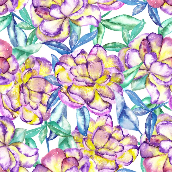 Ein nahtloses florales Muster mit violetten und gelben exotischen Blüten und blauen und grünen Blättern — Stockfoto