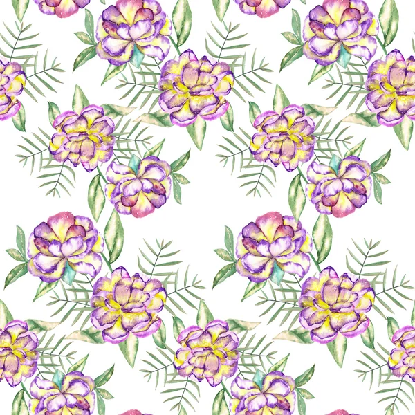 A seamless floral pattern with the watercolor violet and yellow exotic flowers and green leaves — Stock Photo, Image