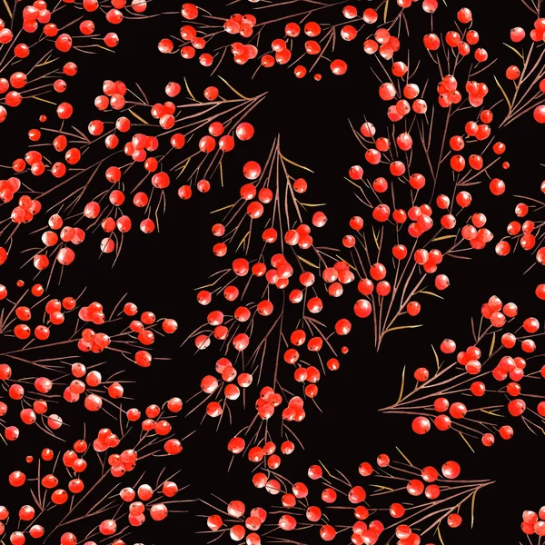 A pattern with watercolor branches with the red berries — Φωτογραφία Αρχείου