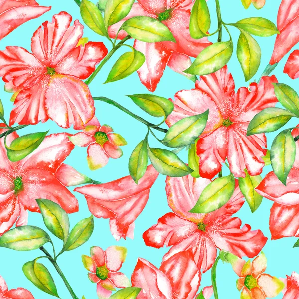 A seamless pattern with the watercolor red exotic flowers, hibiscus — ストック写真