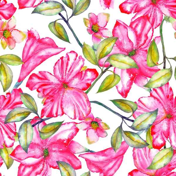 A seamless pattern with the watercolor crimson and scarlet exotic flowers, hibiscus — Stock Fotó