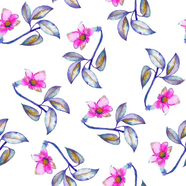 Bezešvé vzor s akvarel karmínové a šarlatové malé exotické květy, ibišek — Stock fotografie