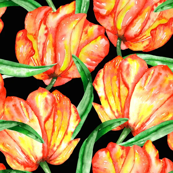 Um padrão sem costura com as tulipas vermelhas e amarelas aquarela — Fotografia de Stock