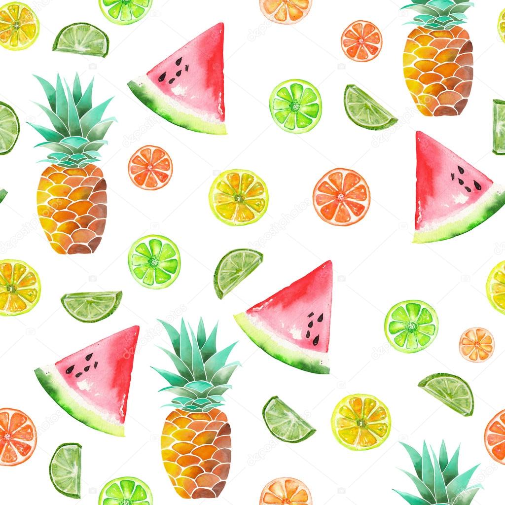 A pattern with the colored watercolor can d fruits pineapple lime and watermelon painted on a white background — Foto di NastyaSklyarova