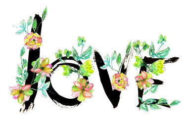 Çizilmiş romantik bir yazı '' aşk ile egzotik çiçekler koca siyah mürekkep tarafından yapılan ''