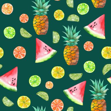 Bir desen renkli suluboya şekerlenmiş meyve, ananas, kireç ve karpuz