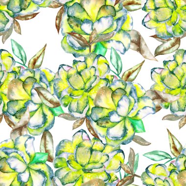 Sulu Boya yeşil ve sarı egzotik çiçek ve kahverengi yaprakları ile sorunsuz bir çiçek desenli