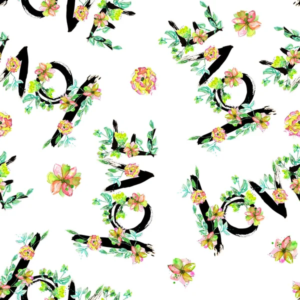 Un patrón (fondo de pantalla) con una inscripción romántica dibujada a mano "LOVE" hecha por la tinta negra envuelta con las flores exóticas — Foto de Stock