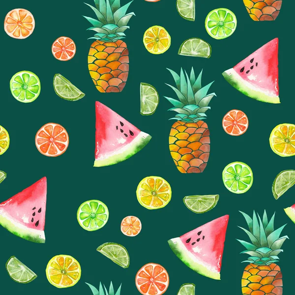 Ein Muster mit den farbigen Aquarellen kandierter Früchte, Ananas, Limette und Wassermelone — Stockfoto