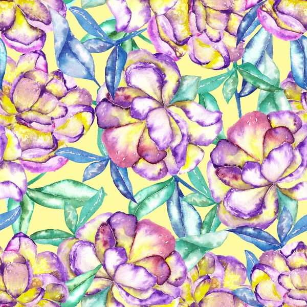 A varrat nélküli virágmintás az akvarell lila és sárga egzotikus virágok, és kék-zöld levelek — Stock Fotó