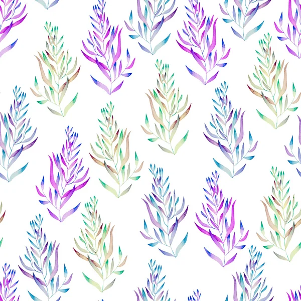 A floral pattern with the green, brown, bright purple and blue watercolor plants, seaweeds — Stock Photo, Image