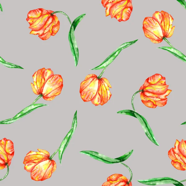 Um padrão sem costura com as tulipas vermelhas e amarelas aquarela — Fotografia de Stock