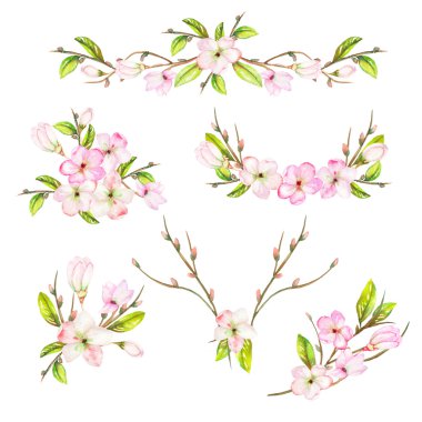 A set with the frame borders, floral decorative ornaments with the watercolor blooming flowers, leaves and branches with the buds for a wedding or other decoration