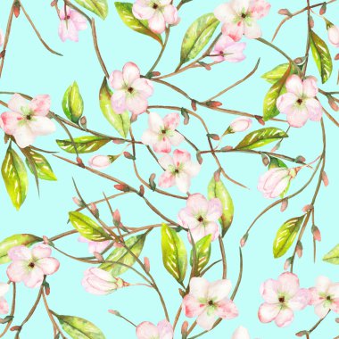 A seamless floral pattern with an ornament of an apple tree branch with the tender pink blooming flowers and green leaves, painted in a watercolor