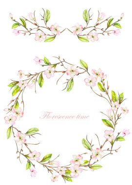 Frame border, garland and wreath of the tender pink blooming flowers and branches with the green leaves painted in a watercolor on a white background, greeting card, decoration postcard, invitation
