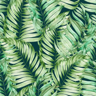 A seamless pattern with the watercolor  branches of the leaves of a palm painted on a dark green background