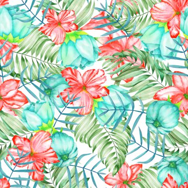 A seamless pattern with the watercolor red and turquoise exotic flowers, hibiscus and the leaves of the palms