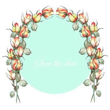 An arch wreath (frame) of the red and yellow roses painted in a watercolor, a place for a text